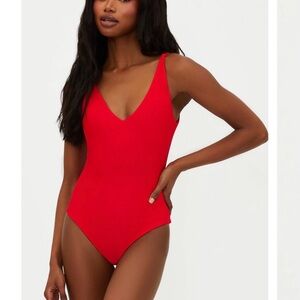 Red V-Neck One-Piece Swimsuit - Women Swim Beach Riot